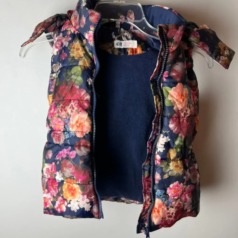 H&M Kids Floral Sleeveless Puffer Vest with Detachable Hood Size 6-7Y